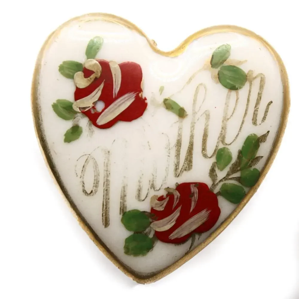 Vintage Mother Heart Brooch Pin White Enamel w Hand Painted Red Roses - Hey Viv